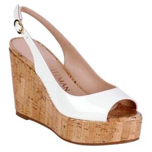 NWOT Stuart Weitzman White Riveria Platform Round Toe Heel Sandal Wedge - Size 6